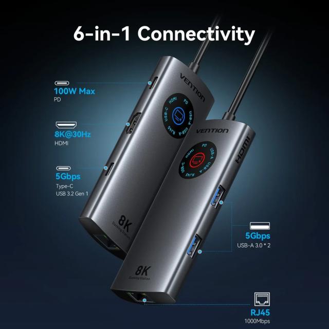 Мултипортов адаптер Vention TQZHB, 8K, LED Display - HDMI, USB 3.0 x 2, USB-C 3.2 Gen 1, PD100W,  LAN (1Gbps)