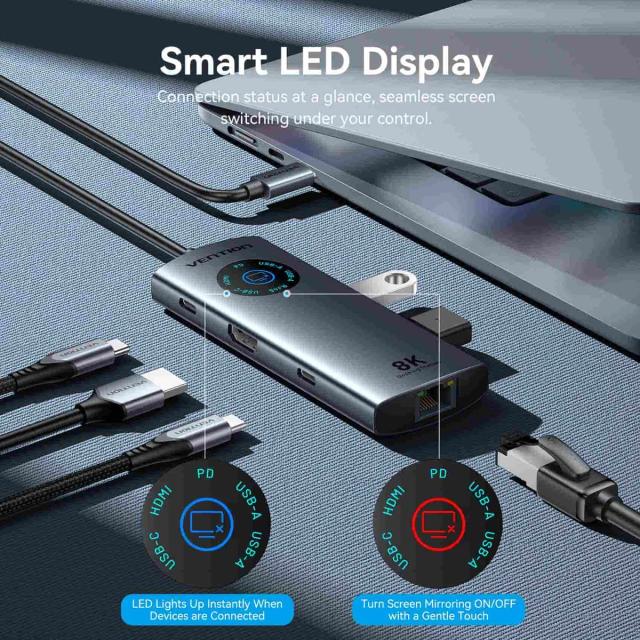 Мултипортов адаптер Vention TQZHB, 8K, LED Display - HDMI, USB 3.0 x 2, USB-C 3.2 Gen 1, PD100W,  LAN (1Gbps)