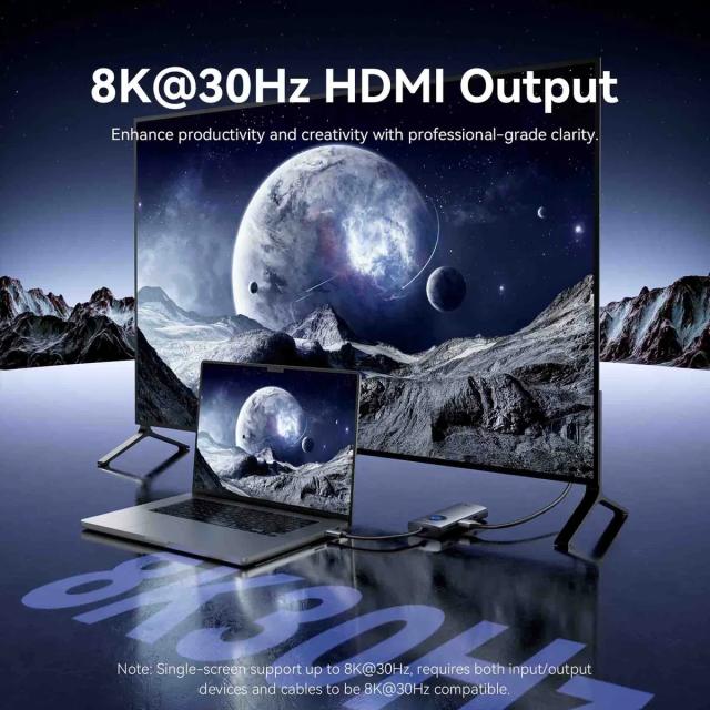 Мултипортов адаптер Vention TQZHB, 8K, LED Display - HDMI, USB 3.0 x 2, USB-C 3.2 Gen 1, PD100W,  LAN (1Gbps)