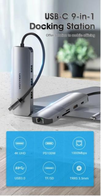 Мултипортов адаптер Vention TOLHB, HDMI x 1, USB3.0 x 3, USB-C PD100W x 1, LAN x 1 (1Gbps), SD/TF, Audio