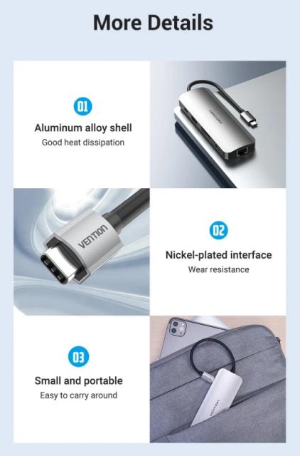 Мултипортов адаптер Vention TOLHB, HDMI x 1, USB3.0 x 3, USB-C PD100W x 1, LAN x 1 (1Gbps), SD/TF, Audio