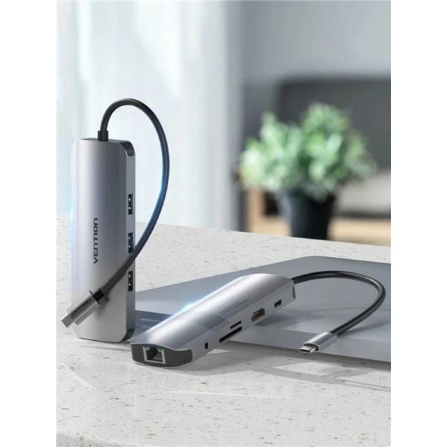 Мултипортов адаптер Vention TOLHB, HDMI x 1, USB3.0 x 3, USB-C PD100W x 1, LAN x 1 (1Gbps), SD/TF, Audio