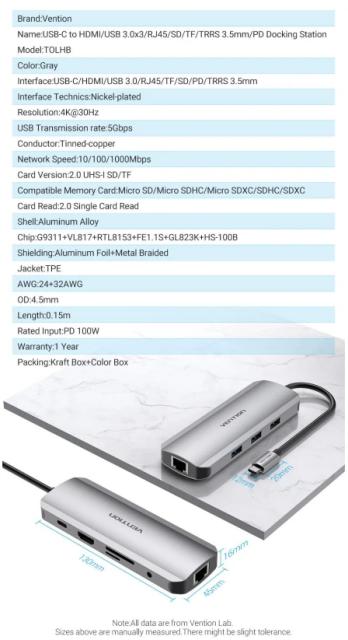 Мултипортов адаптер Vention TOLHB, HDMI x 1, USB3.0 x 3, USB-C PD100W x 1, LAN x 1 (1Gbps), SD/TF, Audio