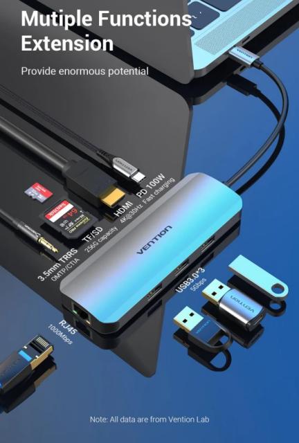 Мултипортов адаптер Vention TOLHB, HDMI x 1, USB3.0 x 3, USB-C PD100W x 1, LAN x 1 (1Gbps), SD/TF, Audio