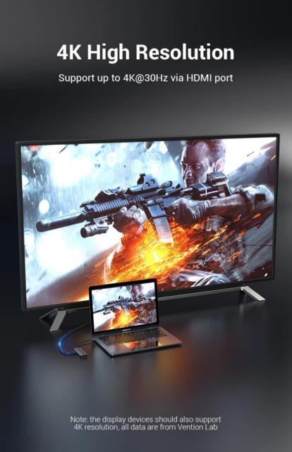 Мултипортов адаптер Vention TOLHB, HDMI x 1, USB3.0 x 3, USB-C PD100W x 1, LAN x 1 (1Gbps), SD/TF, Audio