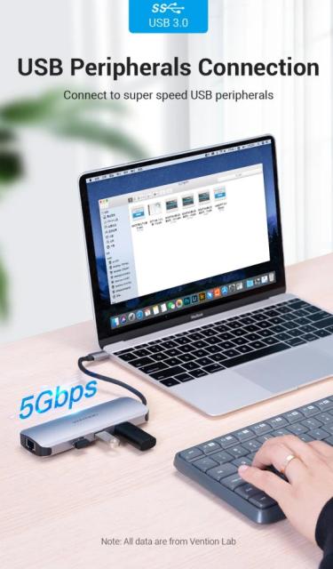 Мултипортов адаптер Vention TOLHB, HDMI x 1, USB3.0 x 3, USB-C PD100W x 1, LAN x 1 (1Gbps), SD/TF, Audio