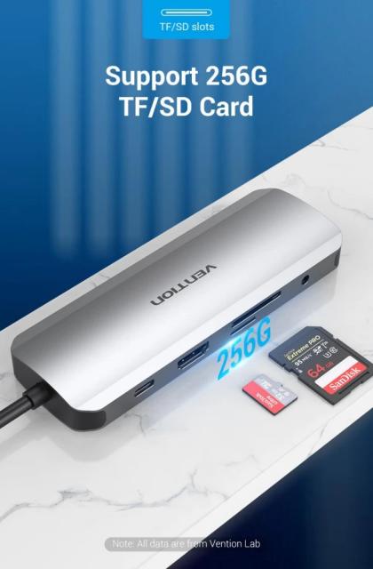 Мултипортов адаптер Vention TOLHB, HDMI x 1, USB3.0 x 3, USB-C PD100W x 1, LAN x 1 (1Gbps), SD/TF, Audio