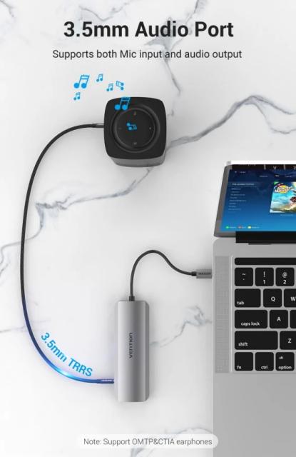 Мултипортов адаптер Vention TOLHB, HDMI x 1, USB3.0 x 3, USB-C PD100W x 1, LAN x 1 (1Gbps), SD/TF, Audio