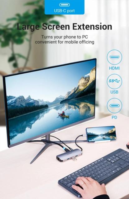 Мултипортов адаптер Vention TOLHB, HDMI x 1, USB3.0 x 3, USB-C PD100W x 1, LAN x 1 (1Gbps), SD/TF, Audio