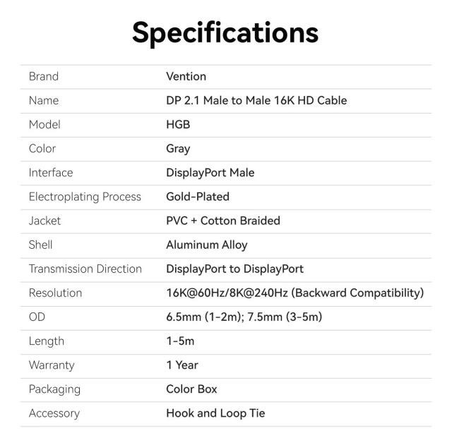 Кабел Vention Display Port v2.1 DP M / M Black 16K@60Hz, 3.0 м