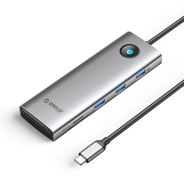 Мултипортов адаптер Orico PW11-9P-GY-EP, HDMI x 1, VGA x 1, USB3.0 x 3, USB-C PD100W x 1, LAN x 1 (1Gbps), SD/TF