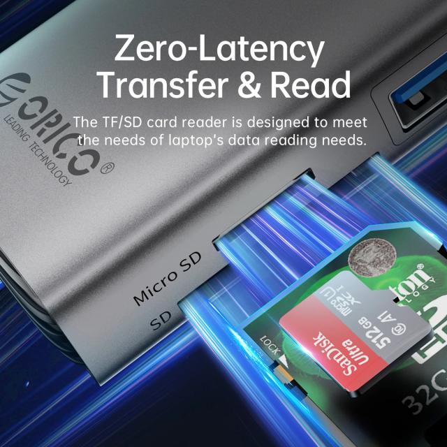 Мултипортов адаптер Orico PW11-9P-GY-EP, HDMI x 1, VGA x 1, USB3.0 x 3, USB-C PD100W x 1, LAN x 1 (1Gbps), SD/TF