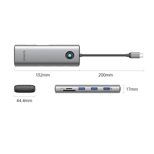 Мултипортов адаптер Orico PW11-9P-GY-EP, HDMI x 1, VGA x 1, USB3.0 x 3, USB-C PD100W x 1, LAN x 1 (1Gbps), SD/TF