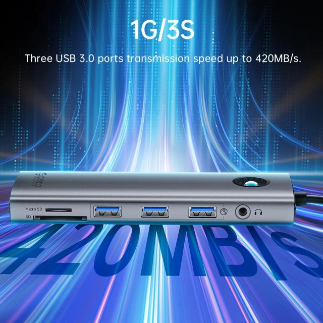 Мултипортов адаптер Orico PW11-9P-GY-EP, HDMI x 1, VGA x 1, USB3.0 x 3, USB-C PD100W x 1, LAN x 1 (1Gbps), SD/TF