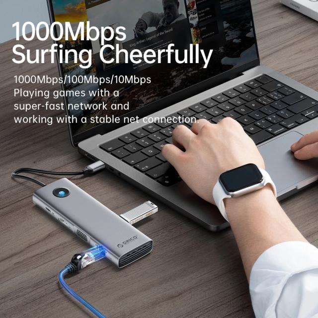 Мултипортов адаптер Orico PW11-9P-GY-EP, HDMI x 1, VGA x 1, USB3.0 x 3, USB-C PD100W x 1, LAN x 1 (1Gbps), SD/TF