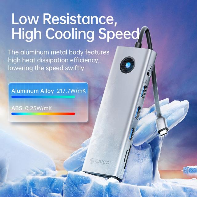 Мултипортов адаптер Orico PW11-9P-GY-EP, HDMI x 1, VGA x 1, USB3.0 x 3, USB-C PD100W x 1, LAN x 1 (1Gbps), SD/TF