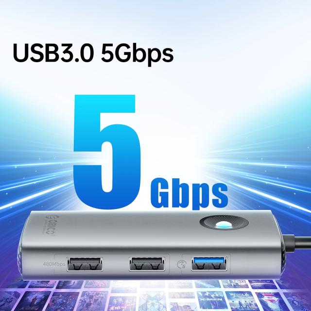 Мултипортов адаптер Orico PW11-6PR-GY-EP, HDMI x 1, USB-C x 1, USB3.0 x 3, USB-C PD100W x 1, LAN x 1 (1Gbps)