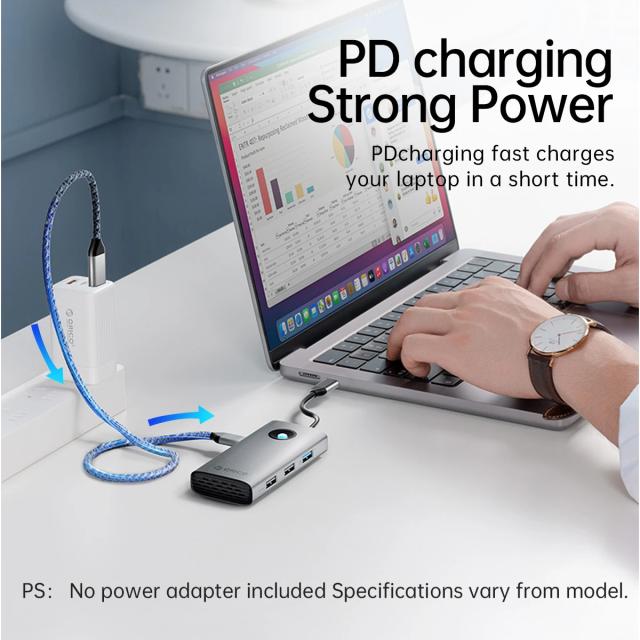 Мултипортов адаптер Orico PW11-6PR-GY-EP, HDMI x 1, USB-C x 1, USB3.0 x 3, USB-C PD100W x 1, LAN x 1 (1Gbps)