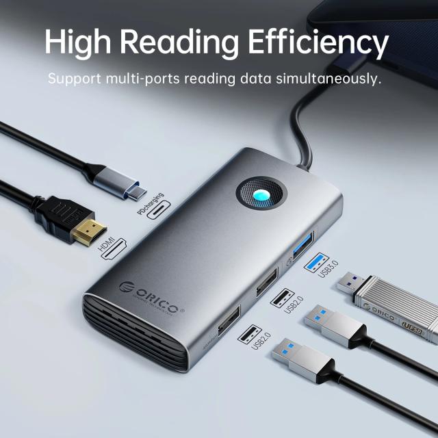Мултипортов адаптер Orico PW11-6PR-GY-EP, HDMI x 1, USB-C x 1, USB3.0 x 3, USB-C PD100W x 1, LAN x 1 (1Gbps)
