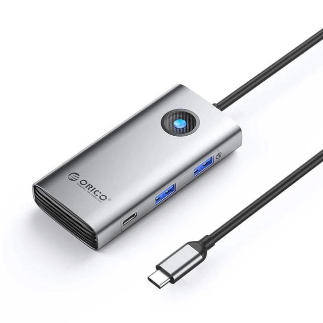 Мултипортов адаптер Orico PW11-6PCR-GY-EP, HDMI x 1, USB-C x 1, USB3.0 x 2, USB-C PD100W x 1, LAN x 1 (1Gbps)