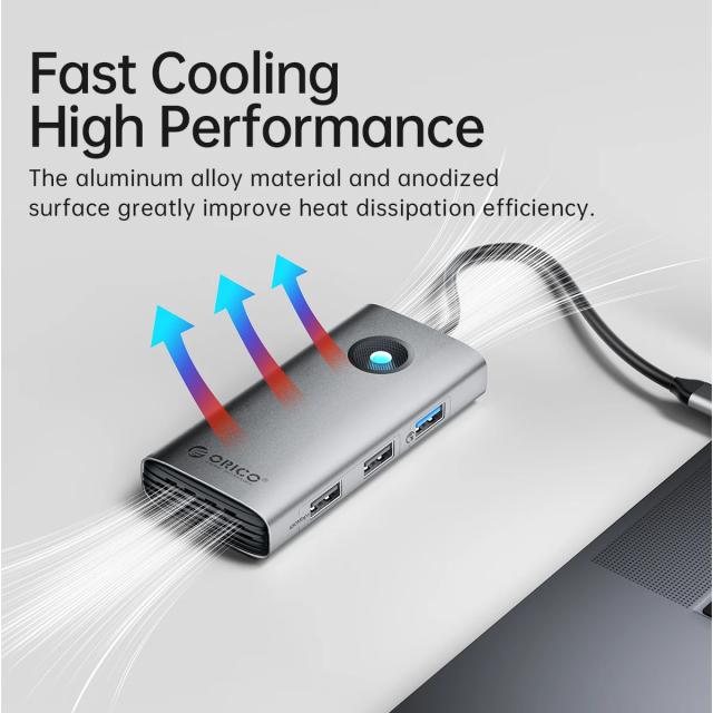 Мултипортов адаптер Orico PW11-6PCR-GY-EP, HDMI x 1, USB-C x 1, USB3.0 x 2, USB-C PD100W x 1, LAN x 1 (1Gbps)