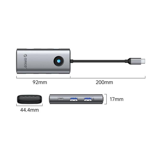 Мултипортов адаптер Orico PW11-6PCR-GY-EP, HDMI x 1, USB-C x 1, USB3.0 x 2, USB-C PD100W x 1, LAN x 1 (1Gbps)