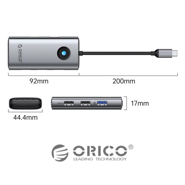 Мултипортов адаптер Orico PW11-6P-GY-EP, HDMI x 1, USB-C x 1, USB3.0 x 3, USB-C PD100W x 1