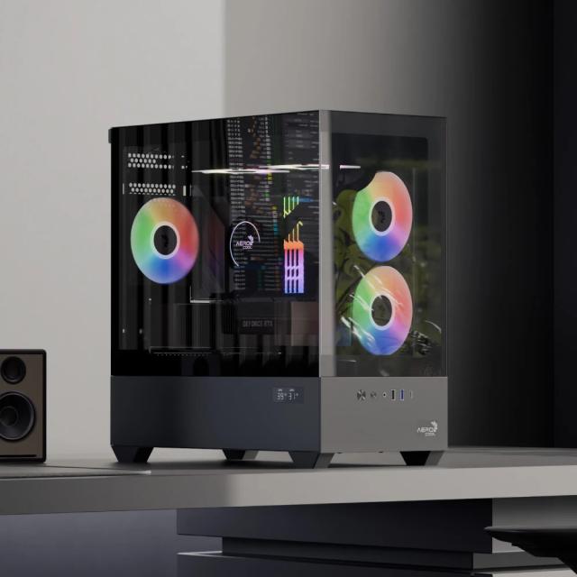 Кутия AeroCool P300D A-RGB Digital Display, Mini Tower, 1x USB Type-C, 1x USB 3.0, 1x USB 2.0, mATX / Mini-ITX