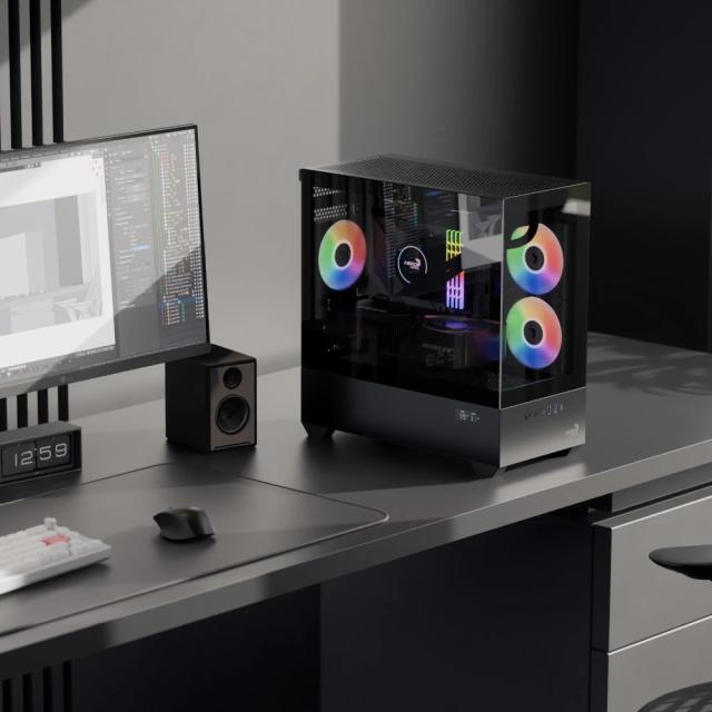 Кутия AeroCool P300D A-RGB Digital Display, Mini Tower, 1x USB Type-C, 1x USB 3.0, 1x USB 2.0, mATX / Mini-ITX