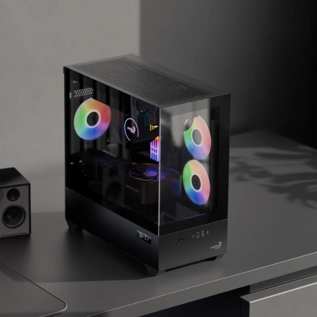Кутия AeroCool P300D A-RGB Digital Display, Mini Tower, 1x USB Type-C, 1x USB 3.0, 1x USB 2.0, mATX / Mini-ITX