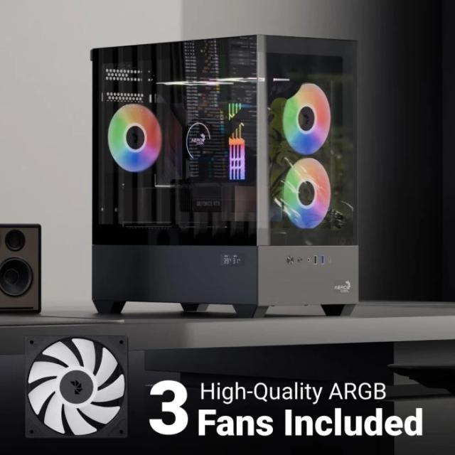 Кутия AeroCool P300D A-RGB Digital Display, Mini Tower, 1x USB Type-C, 1x USB 3.0, 1x USB 2.0, mATX / Mini-ITX