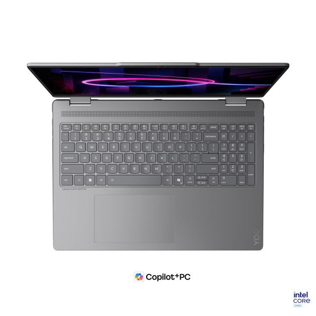 Лаптоп Lenovo Yoga 7 2-in-1 16IPH11 Aura Edition, Intel Core Ultra 7 355 8C (1.7 / 4.7 GHz, 12MB Cache), 16" (40.64cm) 2.8K OLED 500nits Glossy Display, Intel Graphics 4 Xe3, 32GB LPDDR5X, 1TB M.2 NVMe SSD, Windows 11 Home
