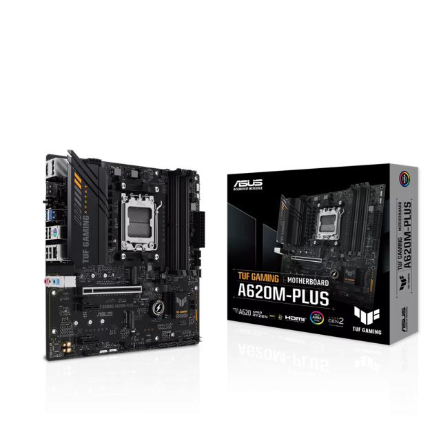 Дънна платка Asus TUF GAMING A620M-PLUS, A620M, AM5, 4x DDR5, PCI-E 4.0, 4x SATA 6Gb/s, 2x M.2, HDMI, DisplayPort, mATX