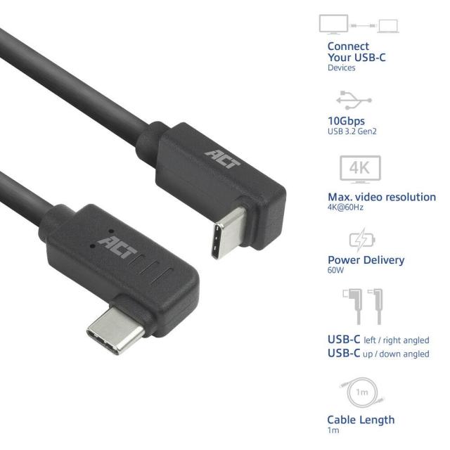 ACT Кабел USB Type-C към USB Type-C, 10Gbps, 60W, 1 m, конектори 90° left/right, up/down angled