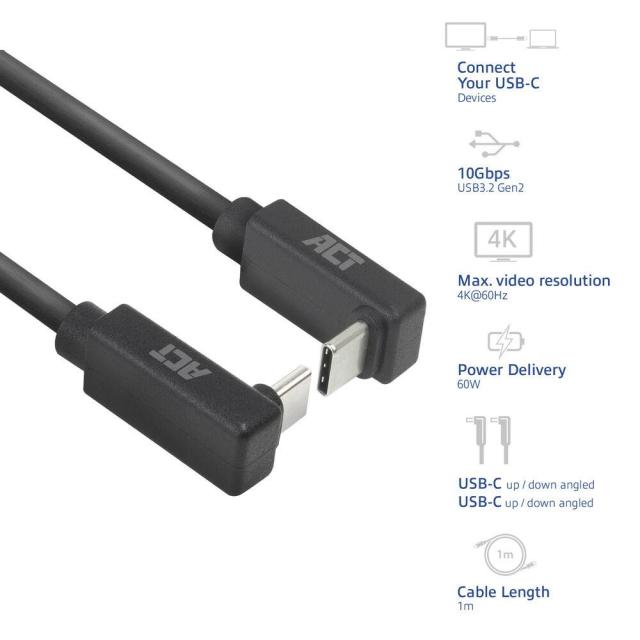 ACT Кабел USB Type-C към USB Type-C, 10Gbps, 60W, 0.5м, конектори на 90° up/down angled