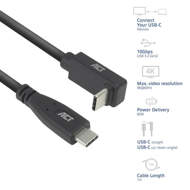 ACT Кабел USB Type-C към USB Type-C, 10Gbps, 60W, 1.0 м, конектори - 1x прав и 1x на 90° up/down angled