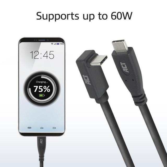 ACT Кабел USB Type-C към USB Type-C, 10Gbps, 60W, 1.0 м, конектори - 1x прав и 1x на 90° up/down angled
