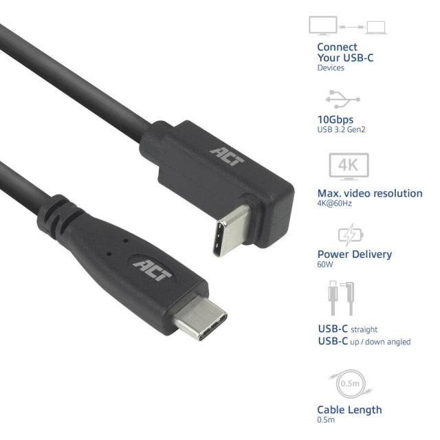 ACT Кабел USB Type-C към USB Type-C, 10Gbps, 60W, 0.5 м, конектори - 1x прав и 1x на 90° up/down angled