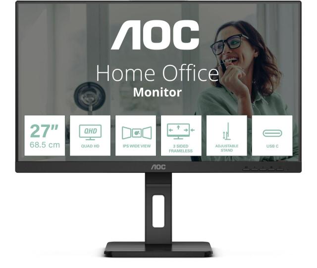 Монитор AOC Q27P3CV, 27" (68.58 cm) QHD IPS Anti-Glare Display, 100Hz, 4ms, 50 000 000:1, 350 cd/m2, DP, HDMI, USB-C, USB, LAN, Adaptive Sync, FlickerFree,Low Blue Light