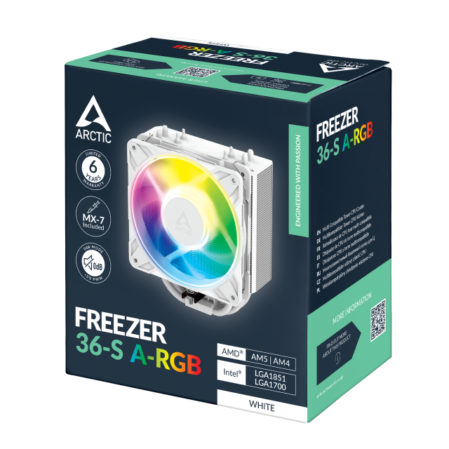 Охладител за процесор ARCTIC Freezer 36-S A-RGB White, 4-Pin (PWM) / 3-Pin A-RGB, AM4 / AM5, LGA1700 / 1851