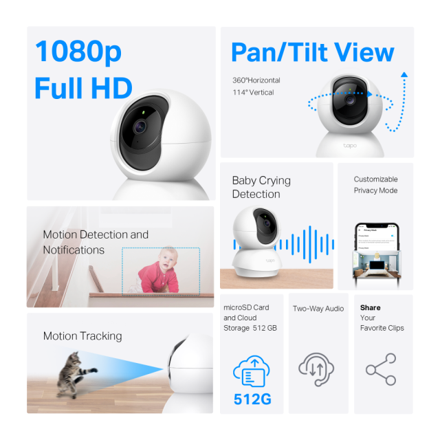 Камера IP TP-Link Tapo C200P2, Pan/Tilt, IR осветленост, H.264, Wi-Fi, аудио, microSD слот, 2бр. камери