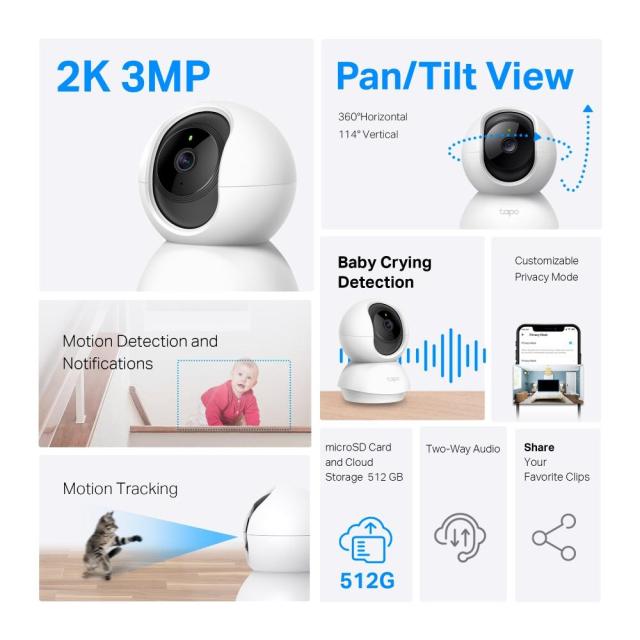 Камера IP TP-Link Tapo C210P2, 360°, Pan/Tilt, 3Mpix, IR осветленост, H.264, Wi-Fi, аудио, microSD слот, 2бр. камери