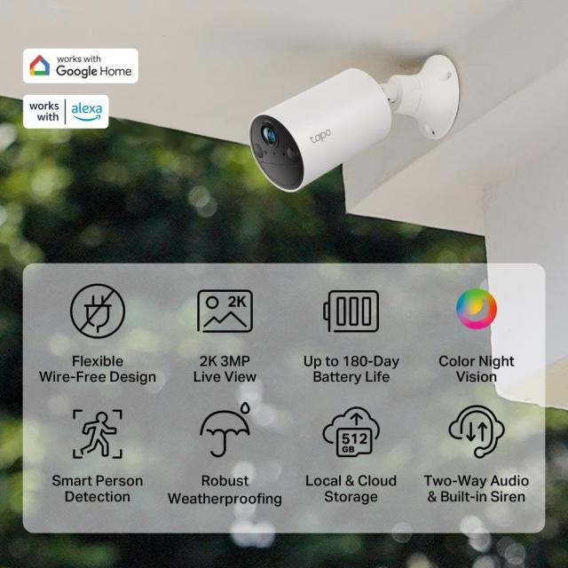Камера IP TP-Link Tapo C410 (2-pack), насочена "bullet" камера, 3MPix, H.264, IR осветеност, външна IP65, Wi-Fi, microSD слот, микрофон и говорител
