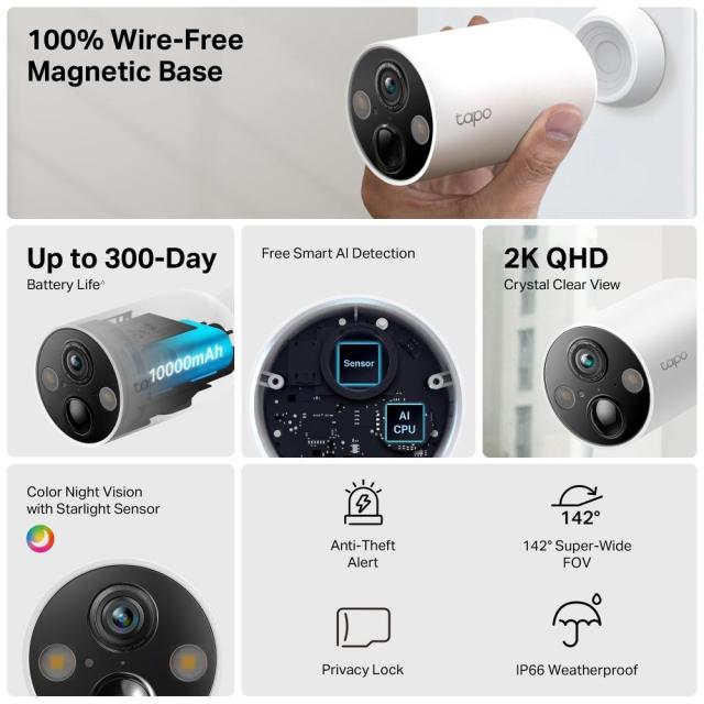Камера IP TP-Link Tapo C425 (4-pack), насочена "bullet" камера, 4MPix, IR осветеност, външна IP66, Wi-Fi, microSD слот, 4бр.
