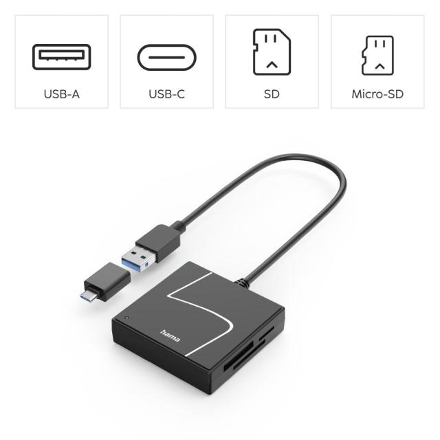 Четец за карти HAMA USB, USB-A, с USB-C адаптер, USB 3.2 Gen1, SD/micro-SD/CF/MS