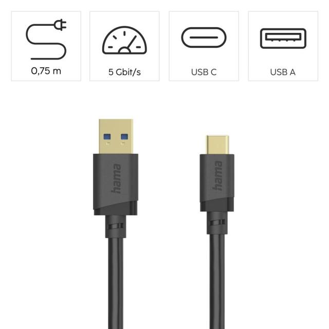 Кабел HAMA USB Type-C(м) към USB Type-А(м), USB 3.2 Gen 1, 0.75м, 5Gbit/s
