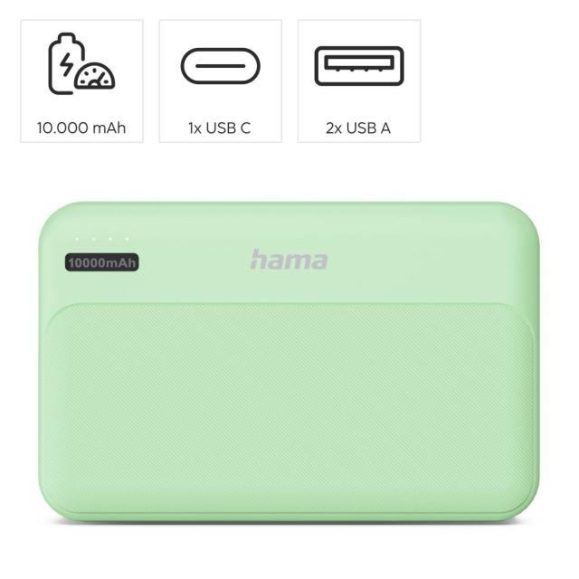 Външна батерия HAMA "Pocket 10", 10000 mAh, Изходи: 2 x USB-A, зелена