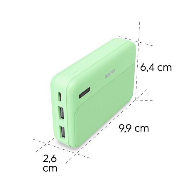Външна батерия HAMA "Pocket 10", 10000 mAh, Изходи: 2 x USB-A, зелена