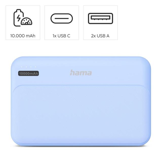 Външна батерия HAMA "Pocket 10", 10000 mAh, Изходи: 2 x USB-A, син