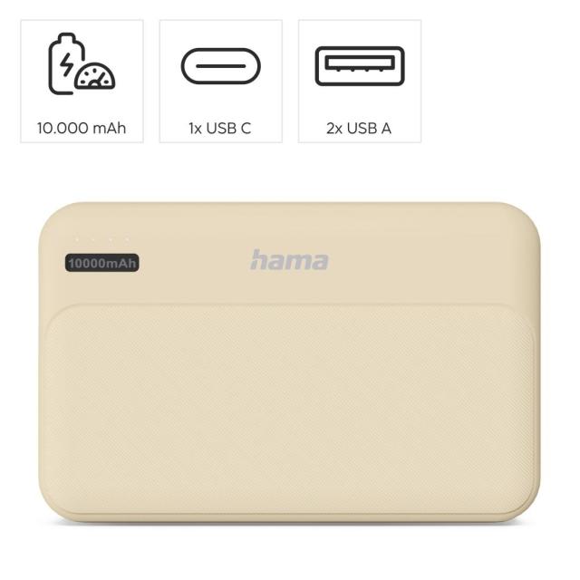 Външна батерия HAMA "Pocket 10", 10000 mAh, Изходи: 2 x USB-A, бежов